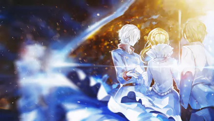 Anime Aldnoah.Zero HD PC desktop wallpaper/background — three white-uniformed characters backlit by blue and gold light, gazing toward a glowing, war-torn cosmic sky.