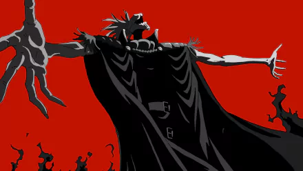 HD desktop wallpaper of Deus Ex Machina from the anime Mirai Nikki, featuring an imposing figure with arms outstretched against a bold red background.