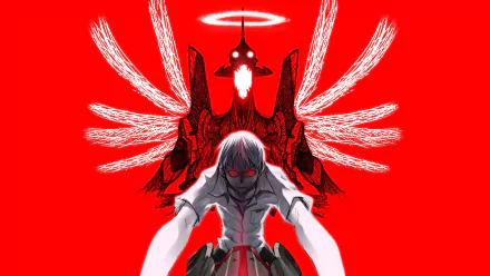 Shinji Ikari from Neon Genesis Evangelion is depicted against a striking red background, featuring dramatic wings and a mecha, creating a powerful and dynamic HD desktop wallpaper.