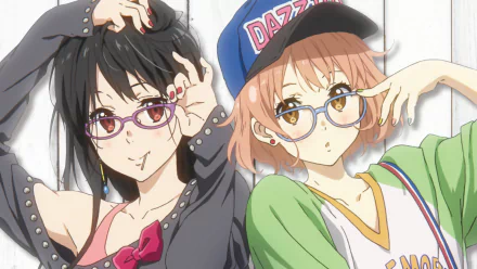 Mirai Kuriyama from Beyond the Boundary is featured in this HD PC desktop wallpaper, showcasing her stylish look alongside a fellow character in vibrant glasses.