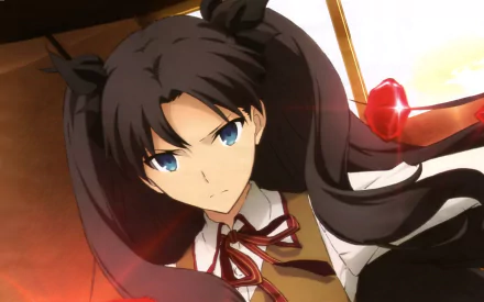 HD PC desktop wallpaper featuring Rin Tohsaka from the anime Fate/Stay Night: Unlimited Blade Works in a dynamic pose with flowing hair and intense expression.