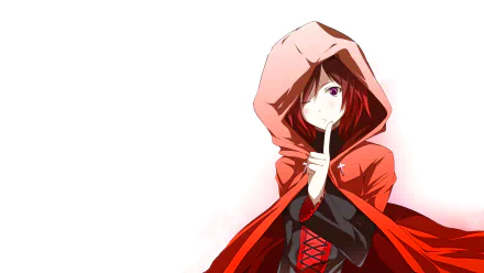 Anime-style RWBY character in a red hooded cloak holding a finger to her lips, set against a minimalist white background. 4K Ultra HD PC desktop wallpaper and background.