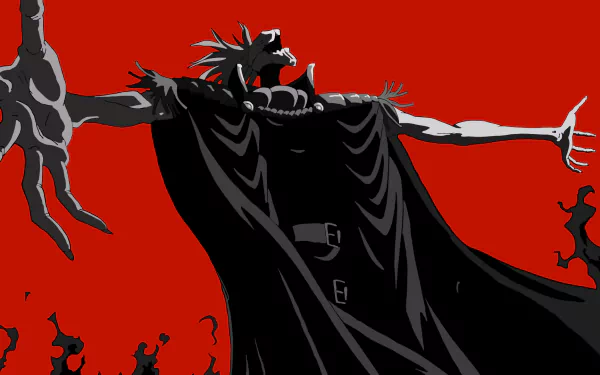 HD desktop wallpaper of Deus Ex Machina from the anime Mirai Nikki, featuring an imposing figure with arms outstretched against a bold red background.