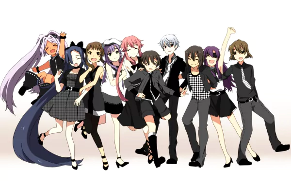 Anime characters from Mirai Nikki (Mao Nonosaka, Minene Uryu, Masumi Nishijima, Muru Muru, Ouji Kosaka, Tsubaki Kasugano, Hinata Hino, Yuno Gasai, Yukiteru Amano, Aru Akise) posing together. HD wallpaper.