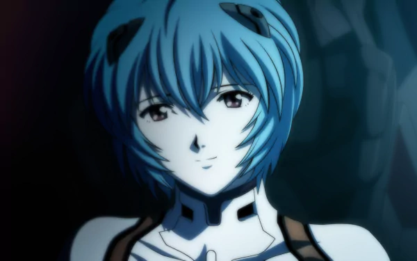 HD PC desktop wallpaper featuring Rei Ayanami from the anime Evangelion: 1.0 You Are (Not) Alone with a calm expression and blue hair in a dark background.