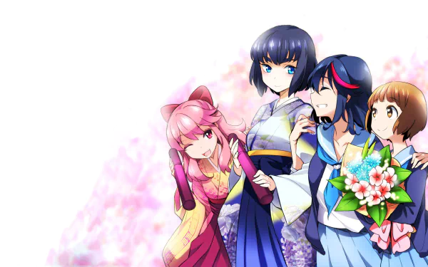 HD anime desktop wallpaper featuring Nonon Jakuzure, Mako Mankanshoku, Satsuki Kiryūin, and Ryūko Matoi from Kill La Kill in vibrant colors and detailed outfits.