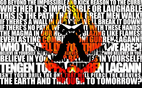 4K Ultra HD anime wallpaper featuring Tengen Toppa Gurren Lagann’s iconic helmet amidst bold, fiery motivational text in dynamic black, white, and red colors.