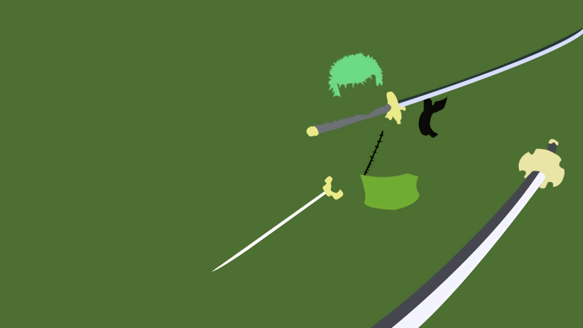 Minimalist HD PC desktop wallpaper featuring iconic swords and green hair from One Piece anime.