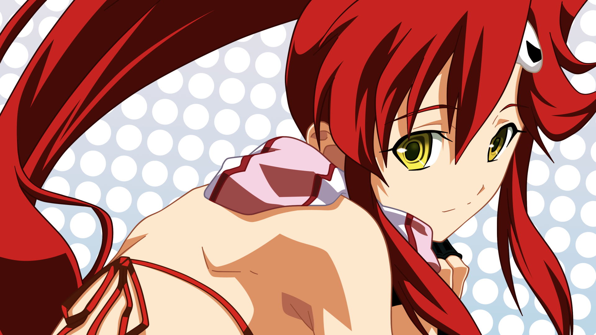 Yoko Littner from Tengen Toppa Gurren Lagann — red-haired anime character with yellow eyes in a revealing outfit against a dotted background, 2K Quad HD PC wallpaper