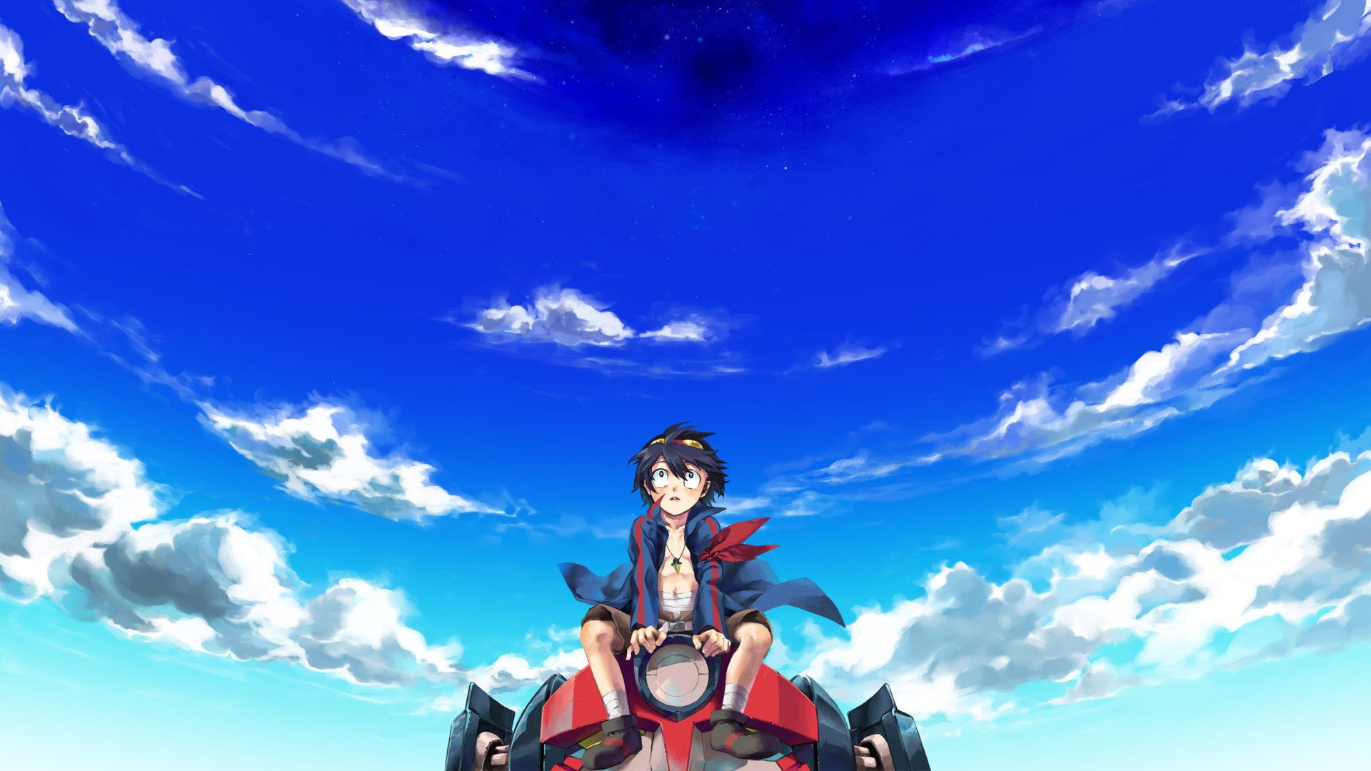 HD PC anime wallpaper of Simon (Tengen Toppa Gurren Lagann): young pilot seated on a red mecha against a vast blue sky with wispy clouds.