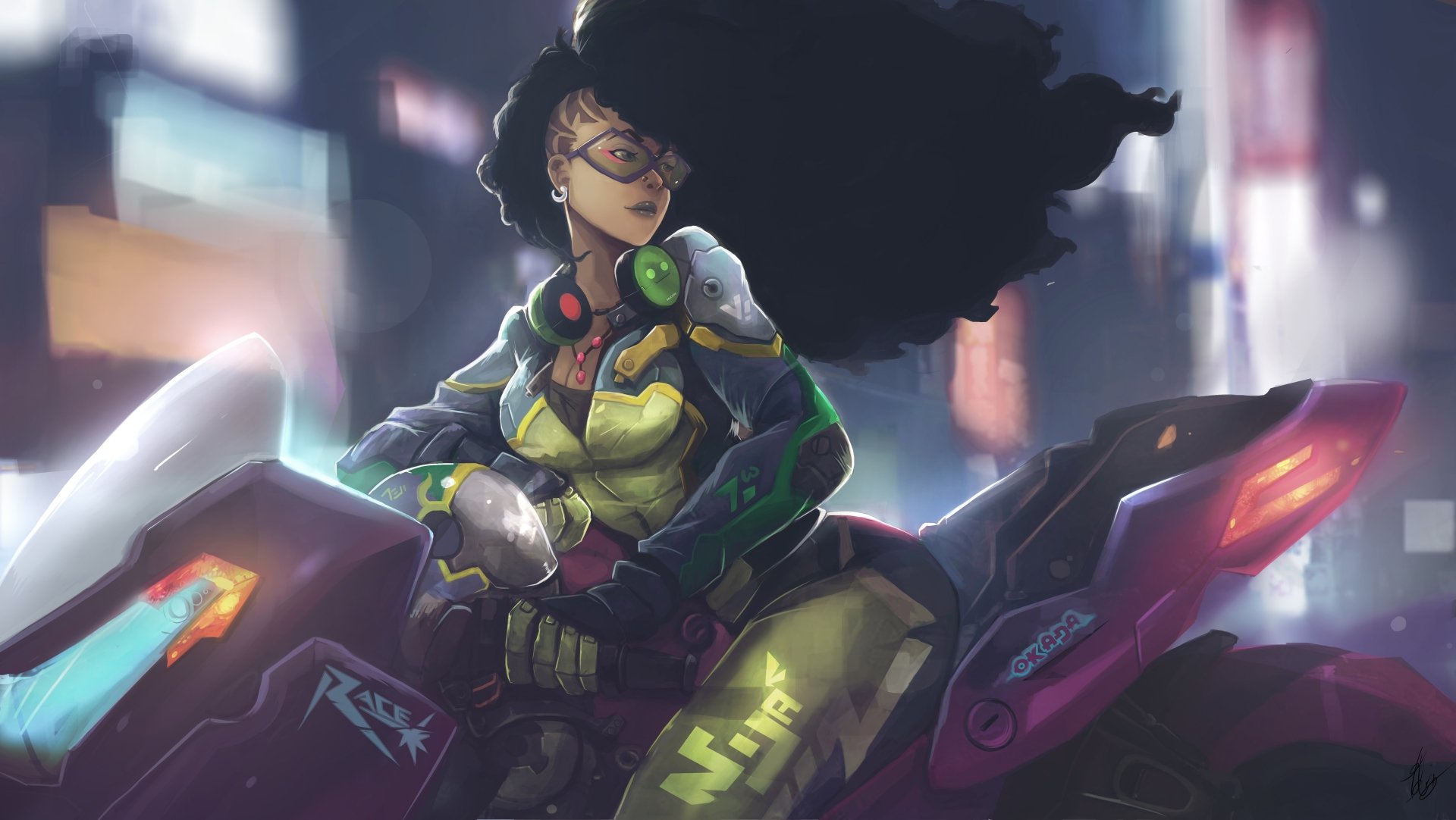 A futuristic scene featuring a woman with black hair and headphones, riding a motorcycle. She wears glasses and futuristic attire, set against a sci-fi cityscape. HD desktop wallpaper and background.