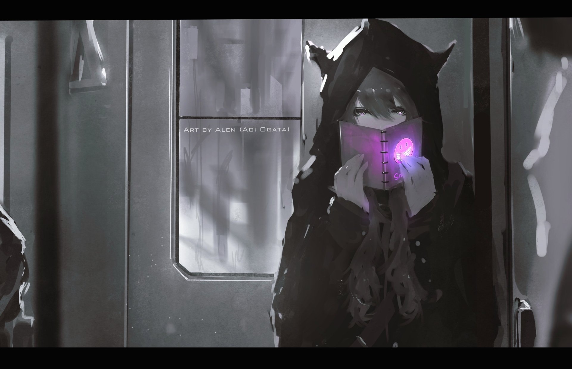 HD anime wallpaper featuring an original character in a hoodie, reading a book with a glowing light.