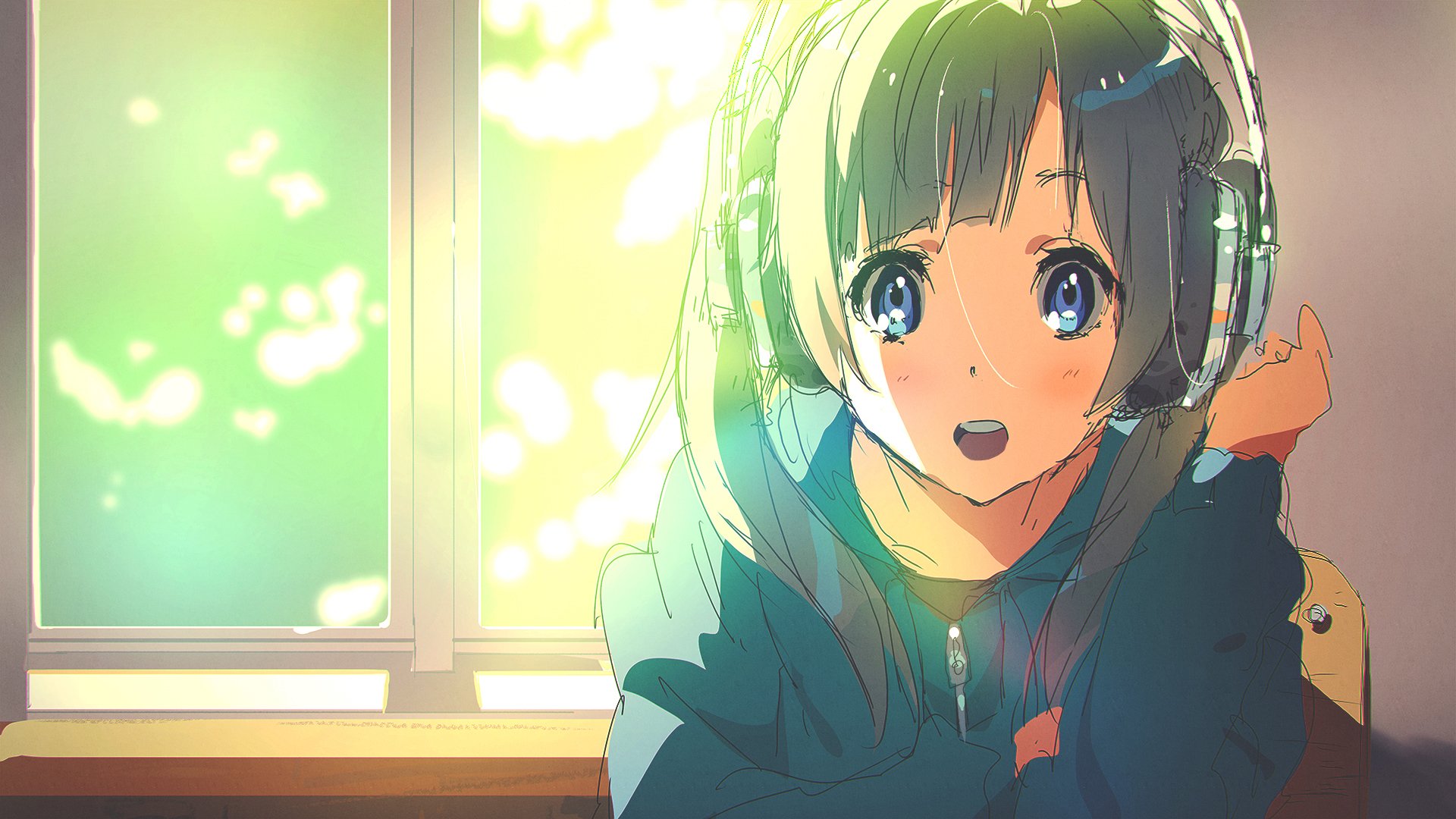 HD PC desktop wallpaper: bright original anime of a long-haired girl with headphones and blue eyes in a hoodie, bathed in warm window sunlight.