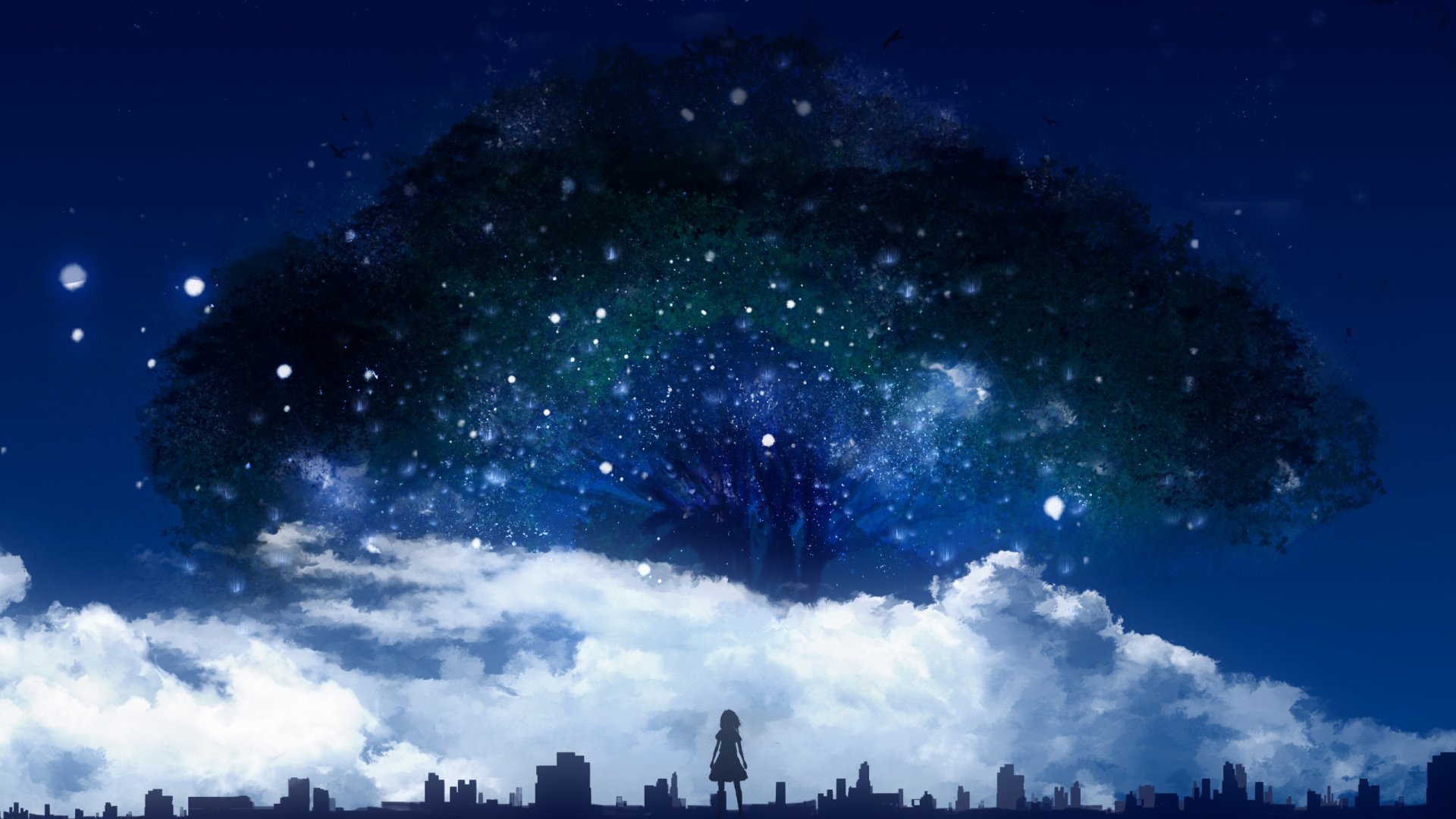 HD anime wallpaper featuring a cityscape under a starry sky, with a large, enchanting tree emerging from the clouds. A solitary figure stands below, blending light, clouds, and nature in an original artwork.