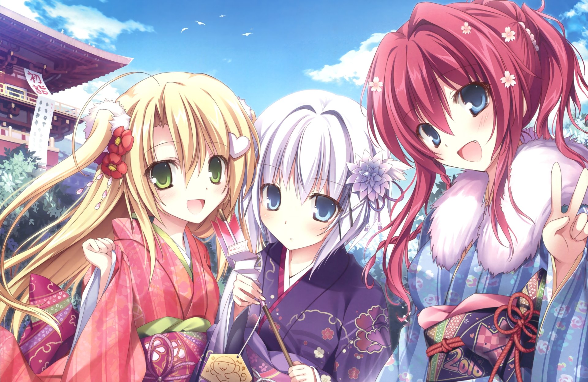 Anime-style 4K wallpaper featuring three girls with green, blue, and red eyes, wearing kimonos, with long blonde, white, and short red hair, smiling against a shrine background.
