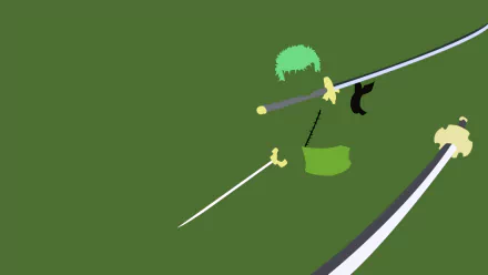 Minimalist HD PC desktop wallpaper featuring iconic swords and green hair from One Piece anime.