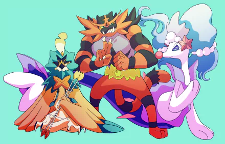 2K Quad HD PC anime Pokémon desktop wallpaper showing Primarina, Incineroar and Decidueye posed together on a mint background.