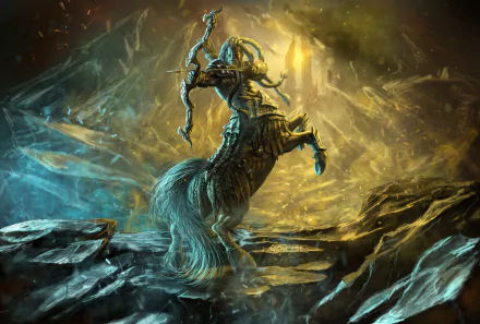 A fantasy warrior centaur wielding a bow stands poised on rocky terrain, illuminated by a dramatic blend of blue and golden light in this HD PC desktop wallpaper.