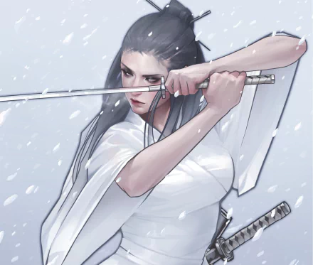 A woman warrior with black hair wields a katana amid a gentle snowfall in this HD fantasy PC desktop wallpaper.