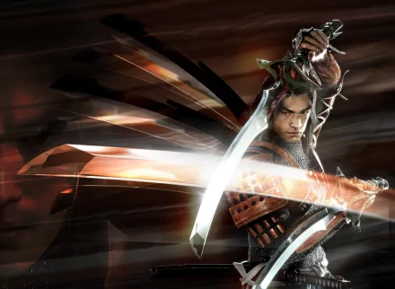 A dynamic HD desktop wallpaper featuring a fierce warrior from the video game Onimusha: Warlords, wielding dual swords against a dramatic background.