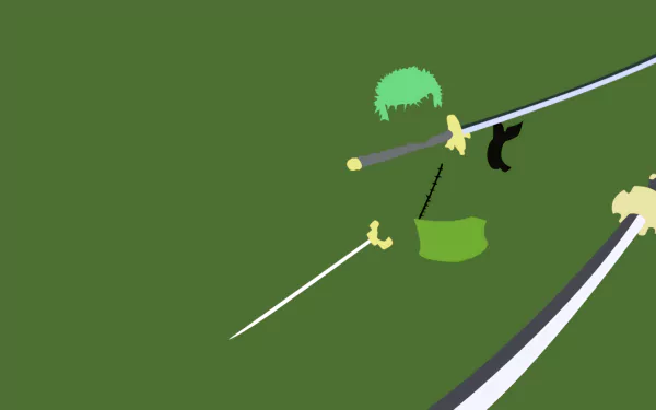 Minimalist HD PC desktop wallpaper featuring iconic swords and green hair from One Piece anime.