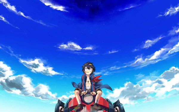 HD PC anime wallpaper of Simon (Tengen Toppa Gurren Lagann): young pilot seated on a red mecha against a vast blue sky with wispy clouds.