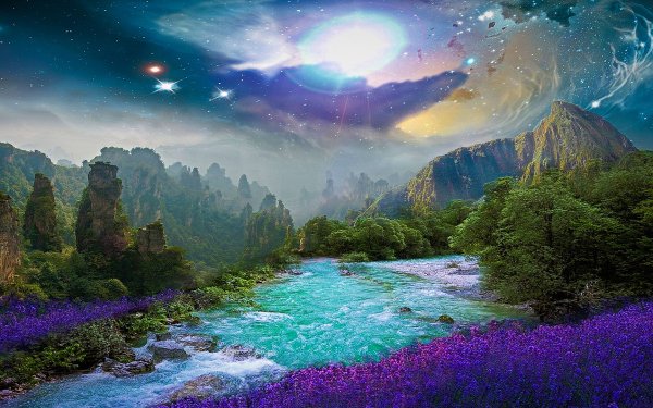Photography Manipulation River Flower Mountain Space HD Wallpaper | Background Image