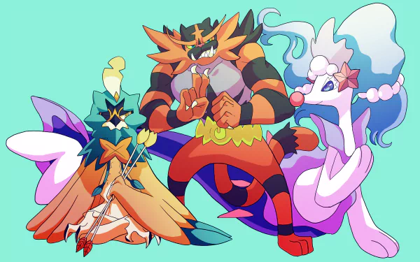 2K Quad HD PC anime Pokémon desktop wallpaper showing Primarina, Incineroar and Decidueye posed together on a mint background.