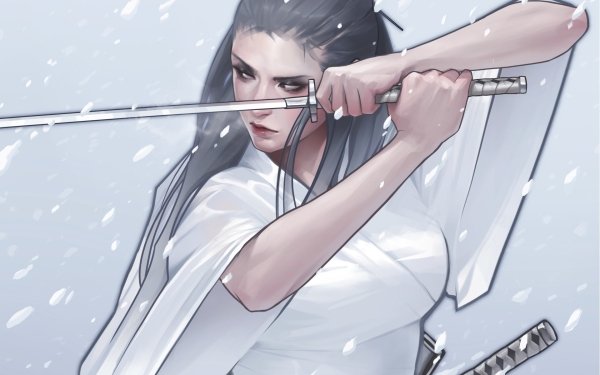 Fantasy Women Warrior Woman Warrior Katana Snowfall Black Hair HD Wallpaper | Background Image