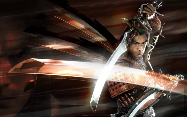 A dynamic HD desktop wallpaper featuring a fierce warrior from the video game Onimusha: Warlords, wielding dual swords against a dramatic background.