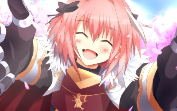 Vibrant HD PC desktop wallpaper featuring Rider of Black from Fate/Apocrypha, showcasing a joyful anime character with pink hair and a bright, cheerful expression.