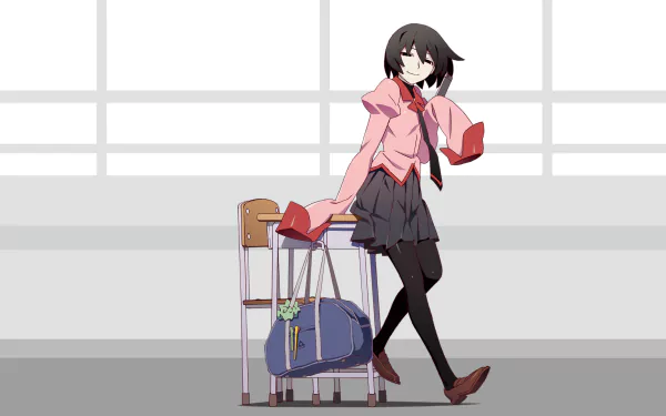 Ougi Oshino from Monogatari (Series) stands by a school desk with a bag in a minimalist station scene — 4K Ultra HD PC desktop wallpaper