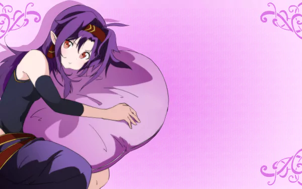 Yuuki Konno from Sword Art Online lounges against a soft purple pillow in this vibrant 4K Ultra HD anime desktop wallpaper.