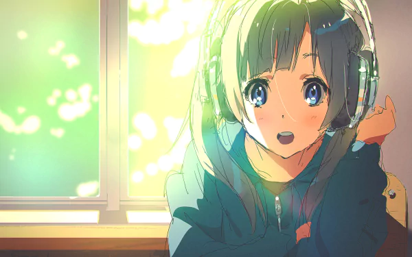 HD PC desktop wallpaper: bright original anime of a long-haired girl with headphones and blue eyes in a hoodie, bathed in warm window sunlight.