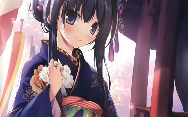 Anime Original Kimono Short Hair Black Hair Smile Blush Blue Eyes Flower HD Wallpaper | Background Image