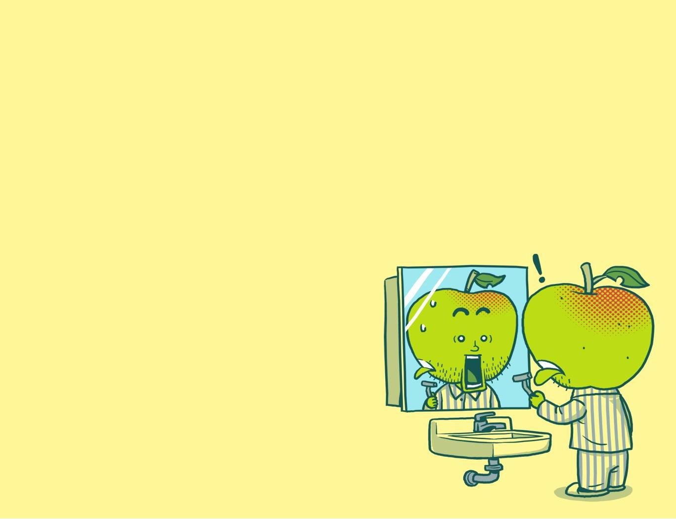 A whimsical illustration of a cartoon apple in pajamas looking in the mirror, amused by its reflection. This funny HD PC desktop wallpaper adds a playful touch to your background.