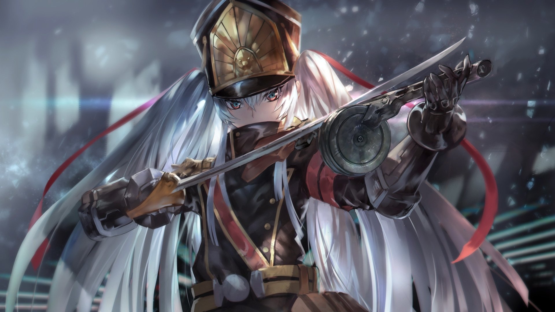 HD desktop wallpaper of Gunpuku no Himegimi, a character from the anime Re:Creators, wielding a sword in a dynamic pose.