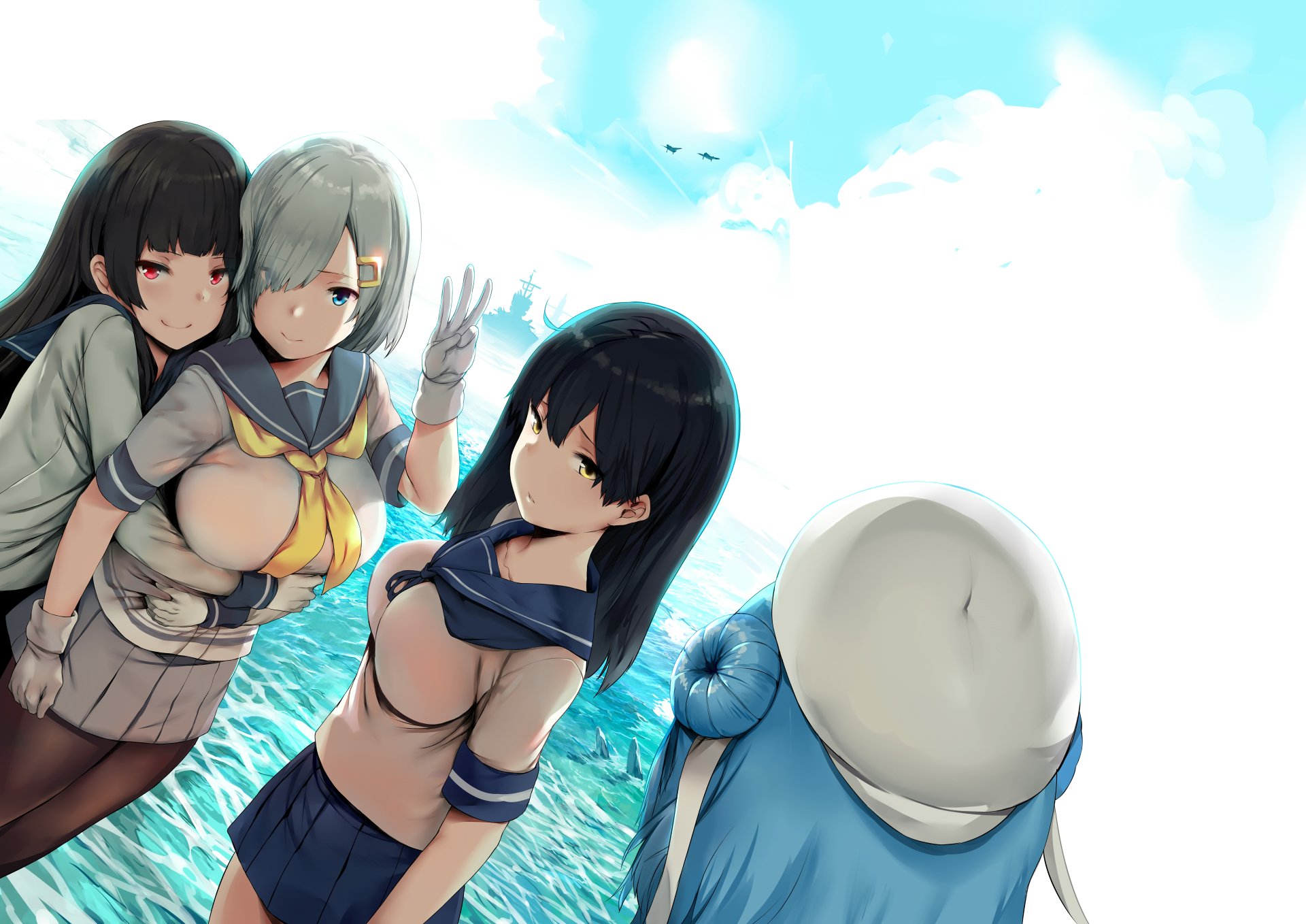 Anime-style 8K Ultra HD wallpaper featuring Ushio, Urakaze, Isokaze, and Hamakaze from Kantai Collection standing by the ocean under a bright sky.