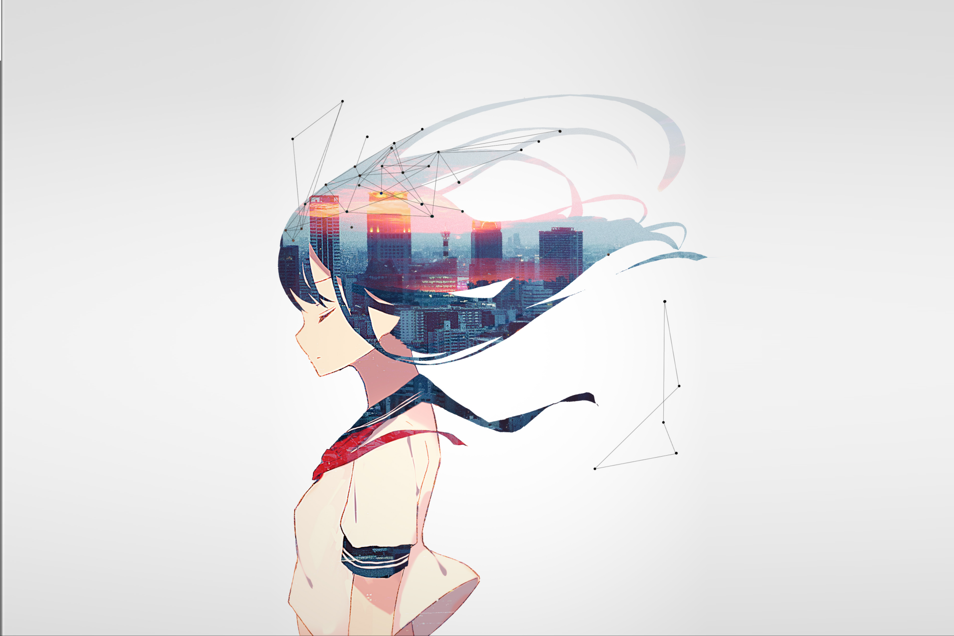 Anime girl with long hair wearing a school uniform, set against a light background with a subtle building overlay, designed as an HD PC desktop wallpaper.