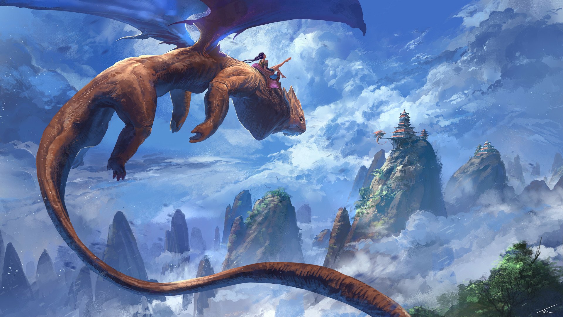 A fantasy HD PC desktop wallpaper showing a dragon soaring through a sky filled with clouds above mountain peaks and a distant building.