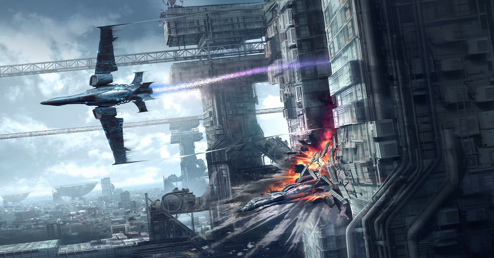 A futuristic sci-fi cityscape features towering buildings and a spaceship launching a purple energy blast, causing an explosion on a structure below, in an HD desktop wallpaper.