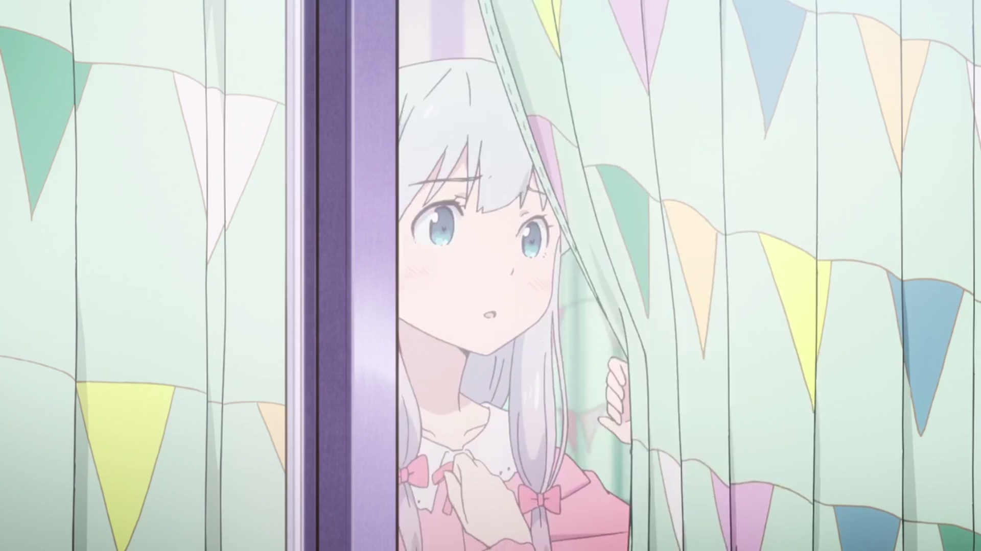 Sagiri Izumi from EroManga-Sensei is shown peeking through curtains, framed by colorful flags in this HD anime desktop wallpaper.