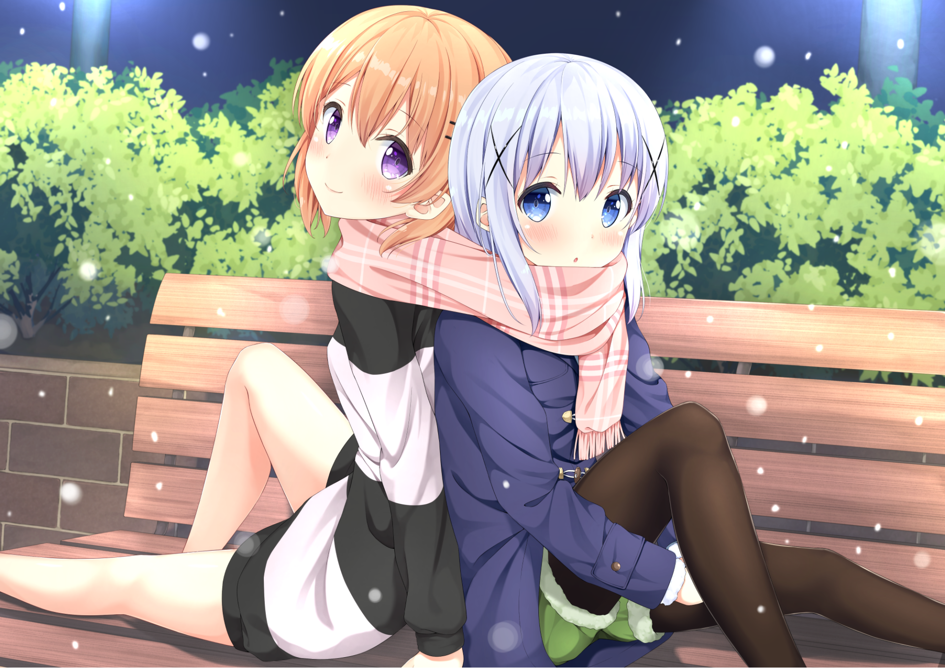Chino Kafū and Cocoa Hoto from the anime Is the Order a Rabbit sit closely on a bench at night, sharing a scarf against a softly glowing, snowy background.