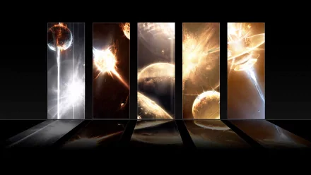 HD sci-fi desktop wallpaper depicting a cosmic explosion across five vertical panels, featuring planets and intense bursts of light in deep space.