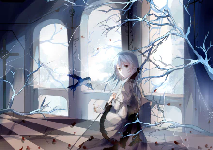 Anime-style original HD desktop wallpaper featuring a short-haired character with blue hair holding a sword, accompanied by a bird amid icy, ethereal surroundings.
