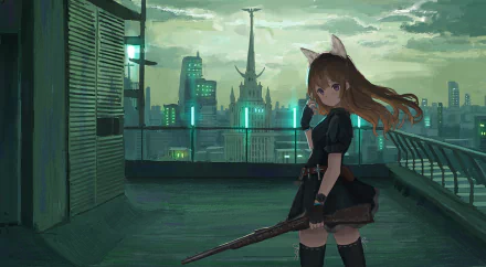Anime original HD wallpaper: long-haired, purple-eyed girl with a gun on a rooftop balcony, city buildings and a moody skyline — HD PC background.