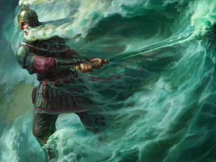 A bearded fantasy warrior god wields a sword, commanding powerful waves in this HD desktop wallpaper with epic, mythical vibes.