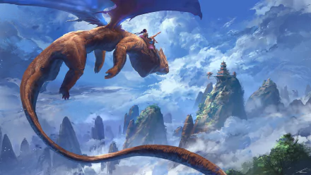 A fantasy HD PC desktop wallpaper showing a dragon soaring through a sky filled with clouds above mountain peaks and a distant building.