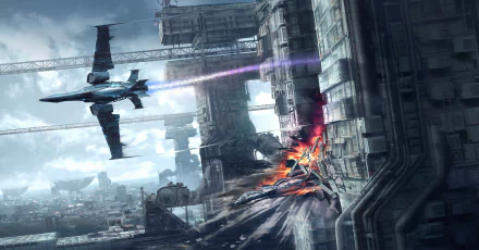 A futuristic sci-fi cityscape features towering buildings and a spaceship launching a purple energy blast, causing an explosion on a structure below, in an HD desktop wallpaper.