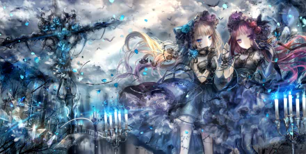 HD anime desktop wallpaper featuring twin girls with long purple and blonde hair in dark dresses, surrounded by blue birds against a dramatic cloudy sky.